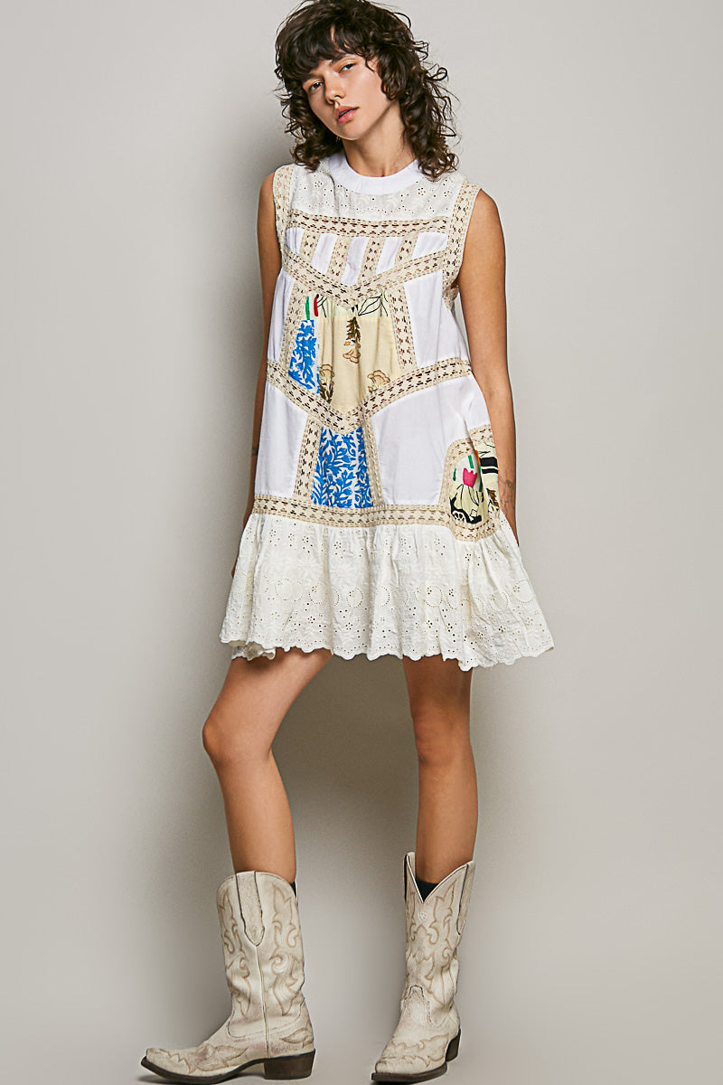 Cream Lace with Colorful Pattern Dress