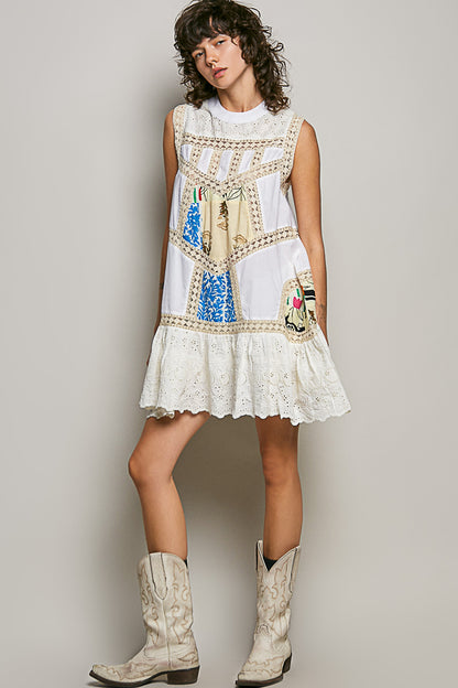 Cream Lace with Colorful Pattern Dress