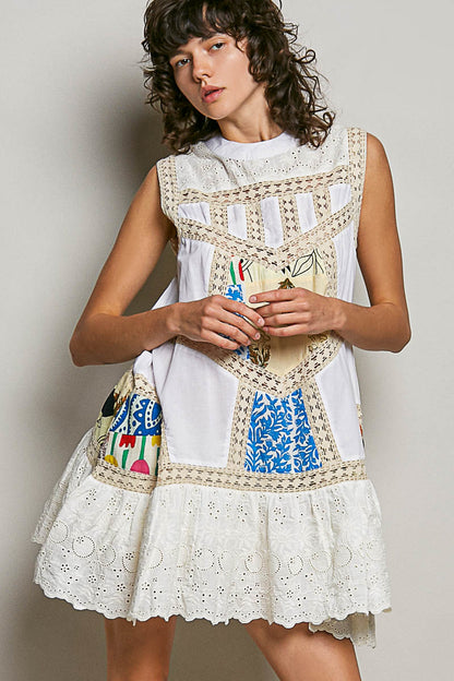 Cream Lace with Colorful Pattern Dress
