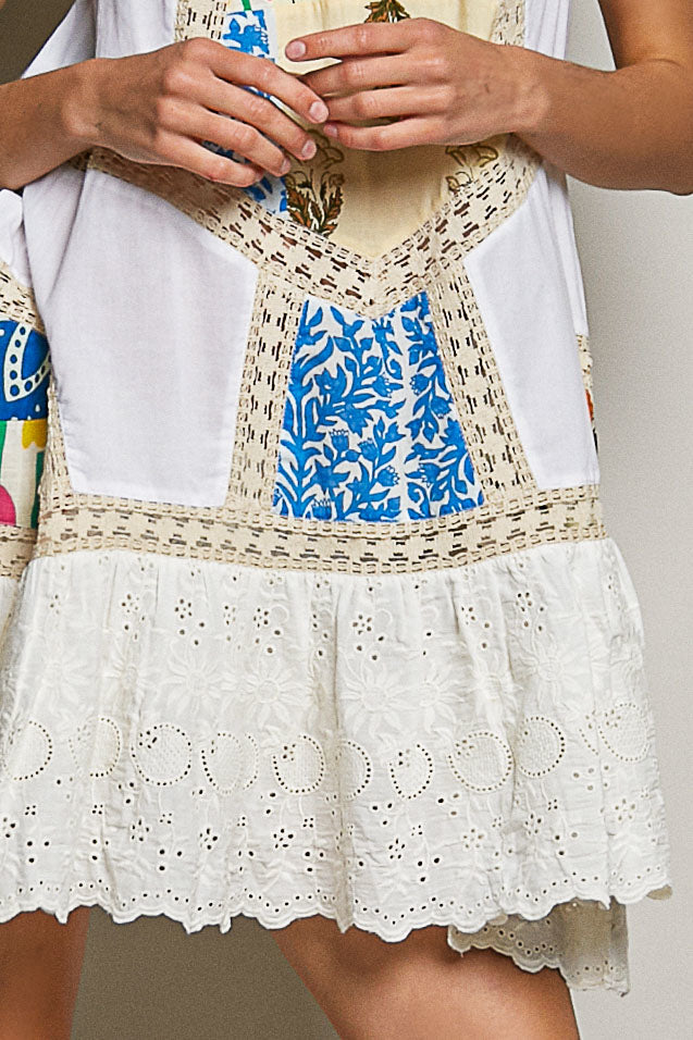 Cream Lace with Colorful Pattern Dress