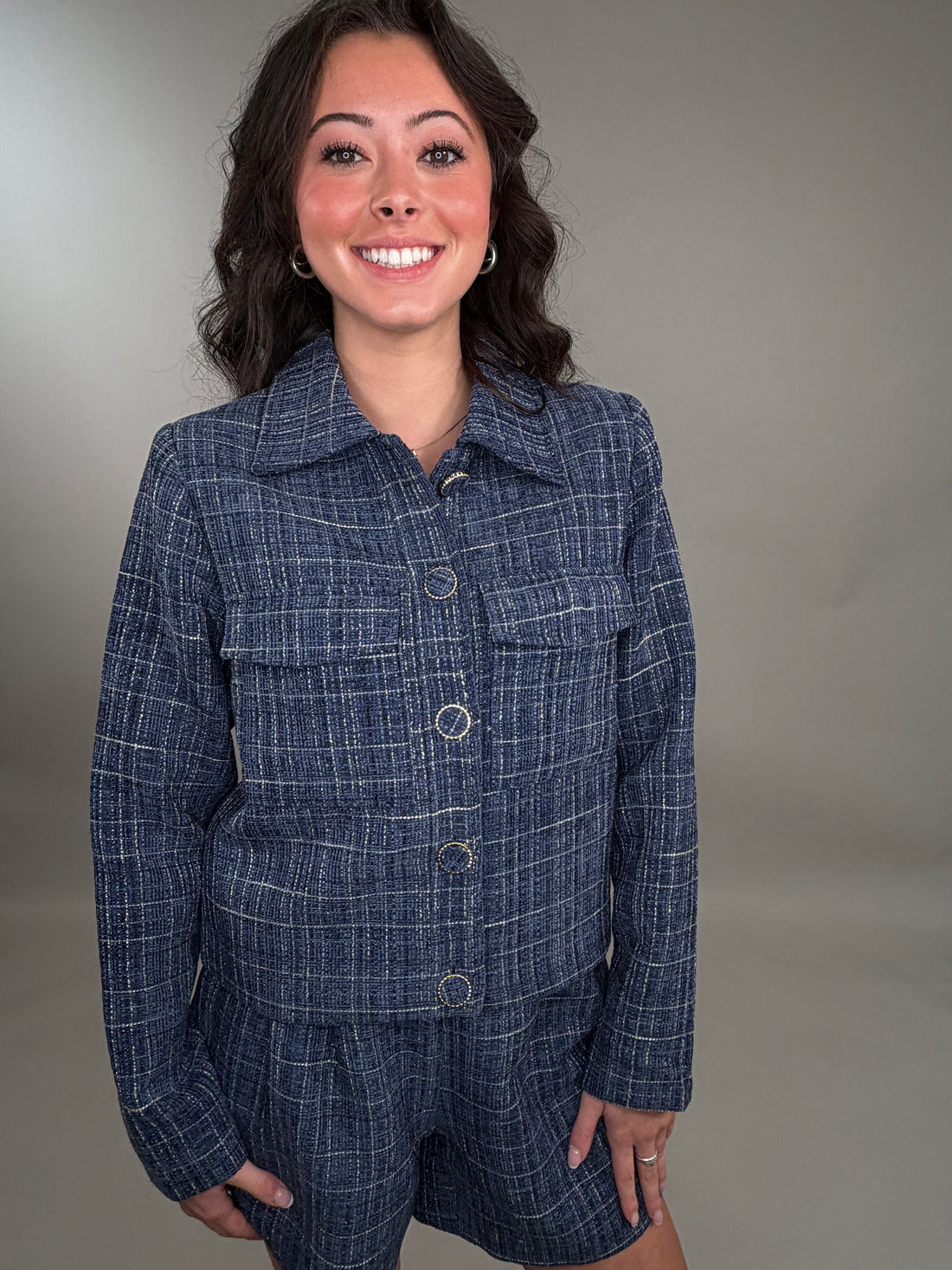 Chic Plaid Tweed Shirt Jacket with Sparkle Details