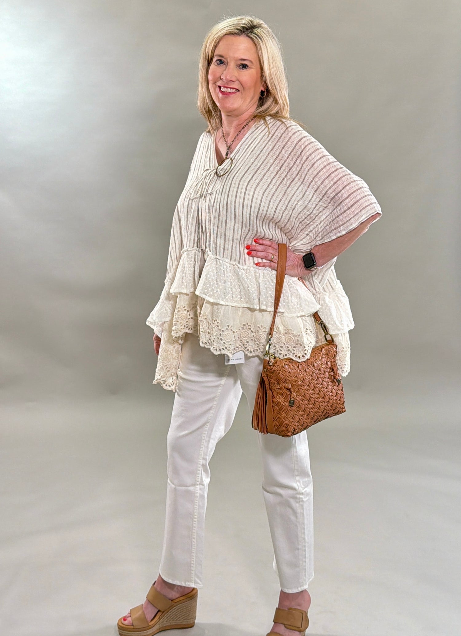 Striped Eyelet Ruffle Poncho Top
