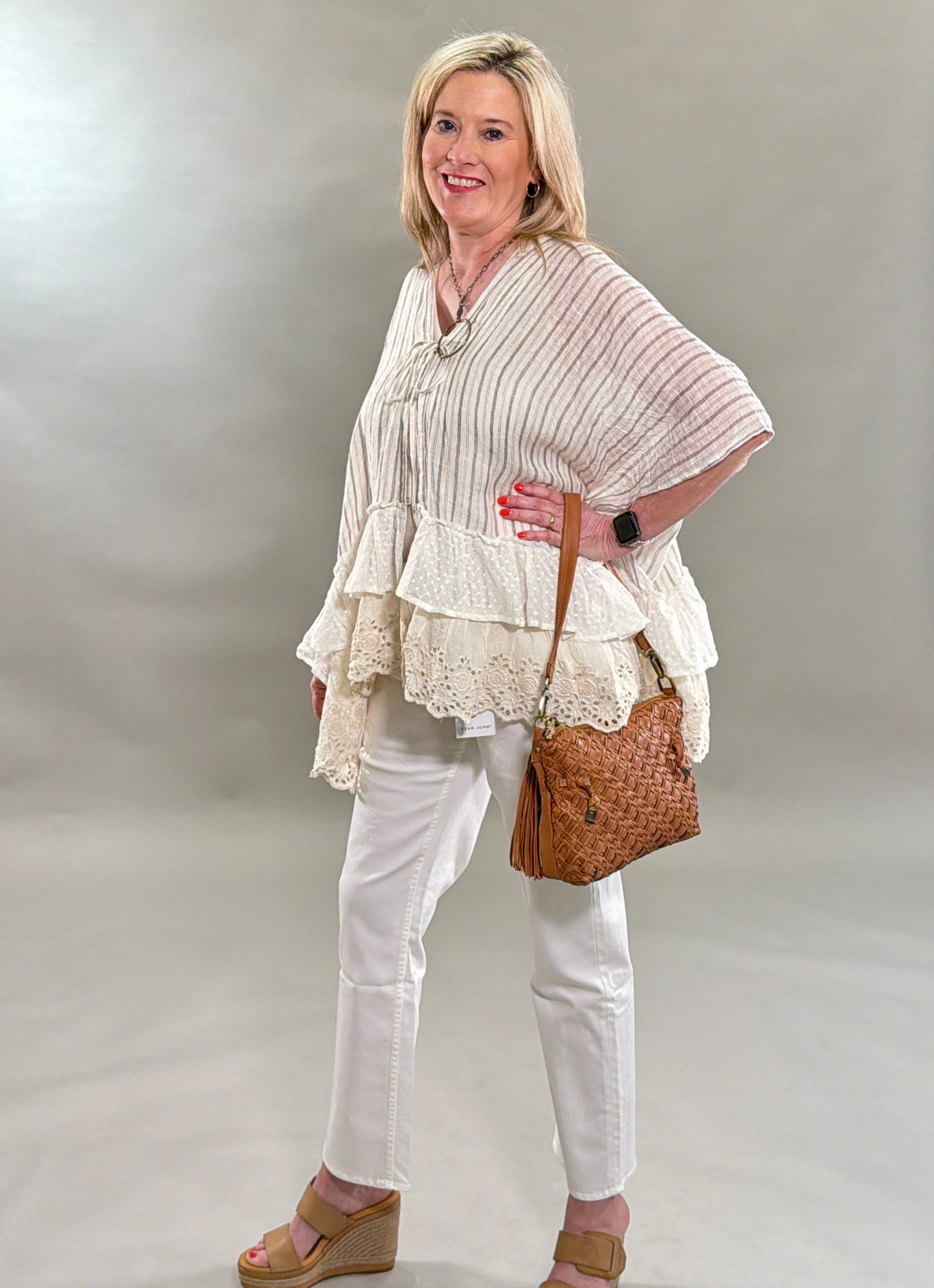 Striped Eyelet Ruffle Poncho Top