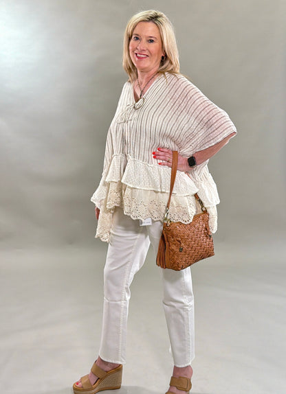 Striped Eyelet Ruffle Poncho Top