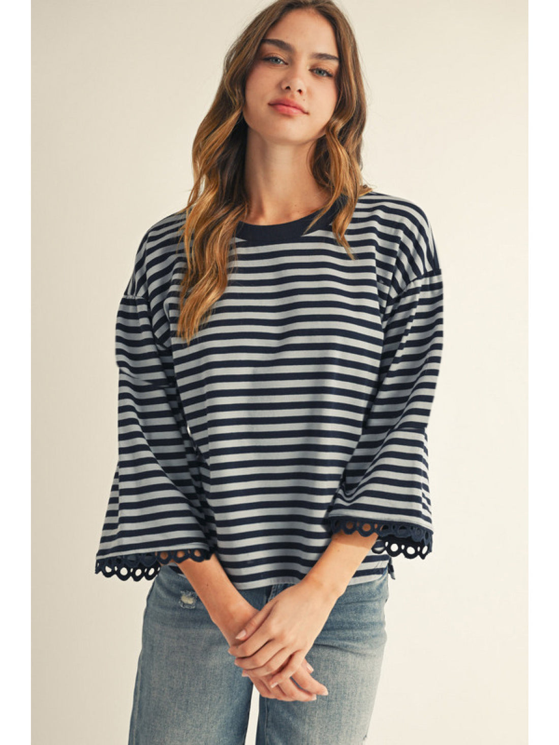 Striped Eyelet Cuff Blouse