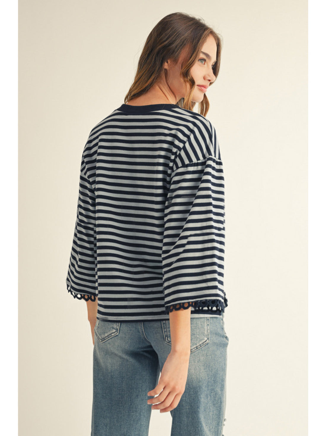 Striped Eyelet Cuff Blouse