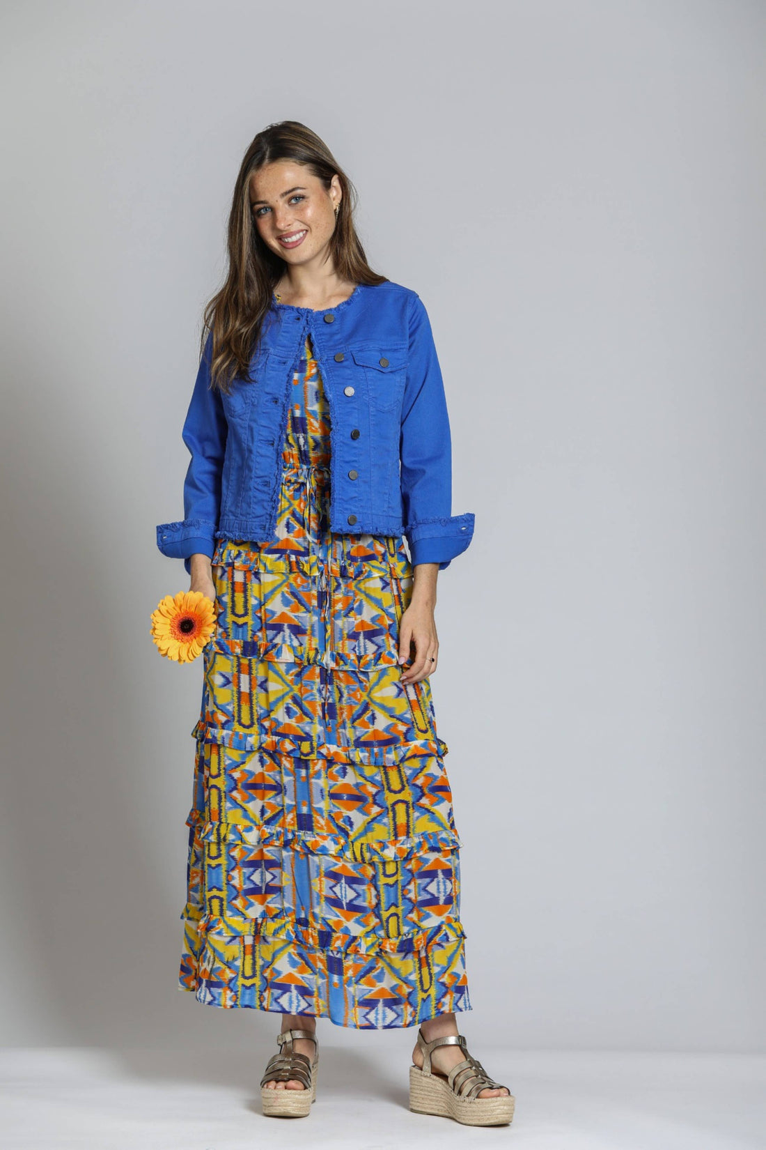 Dazzling Blue Collarless Jean Jacket with Frayed Detail
