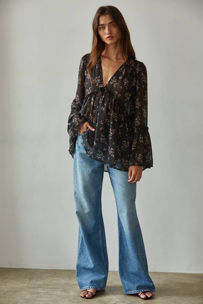 Woven Polyester Chiffon See Through Floral Blouse with Ruffle Trim Detail