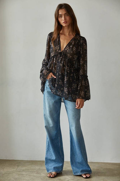 Woven Polyester Chiffon See Through Floral Blouse with Ruffle Trim Detail