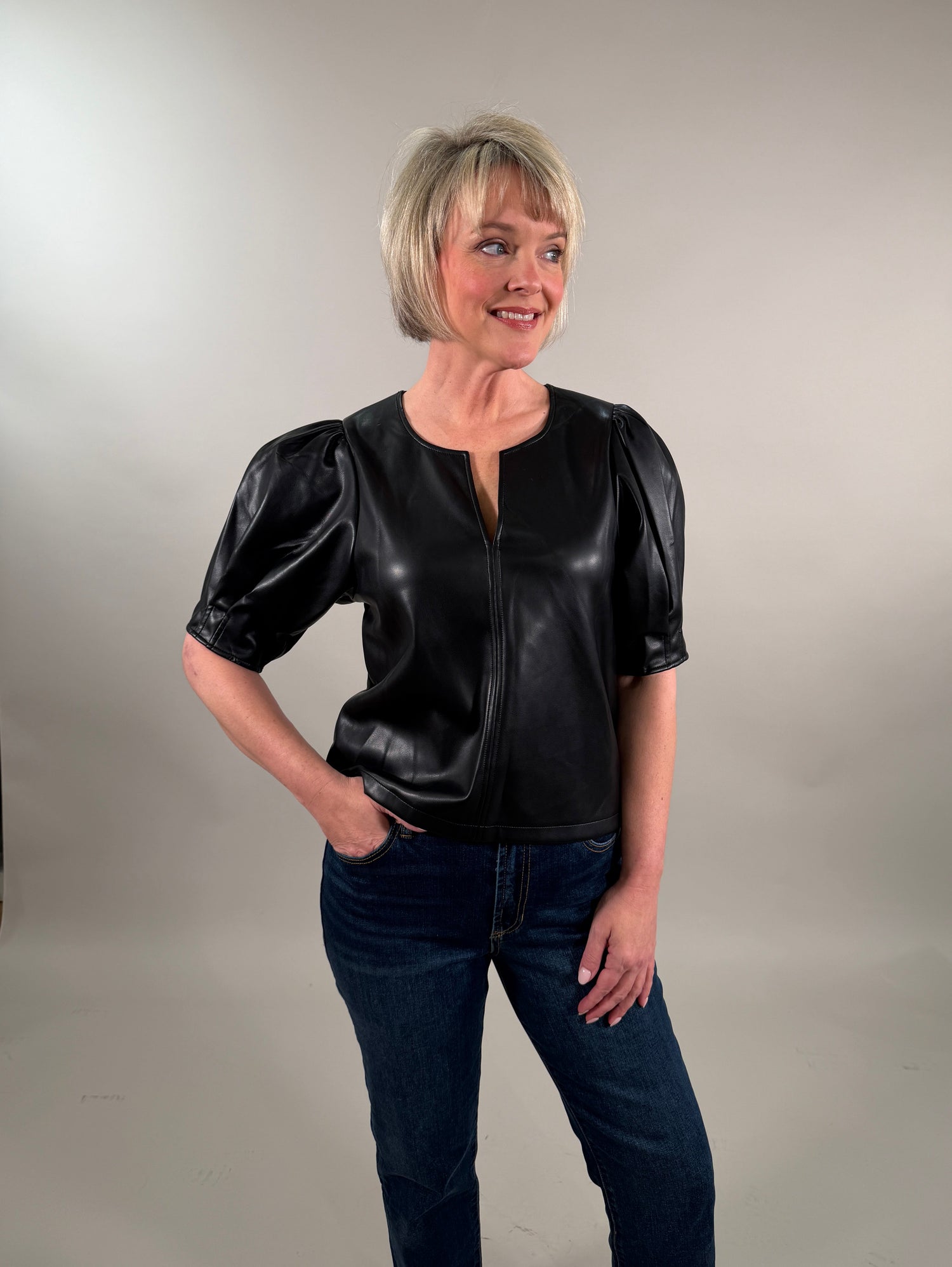 Poof Faux Leather Blouse