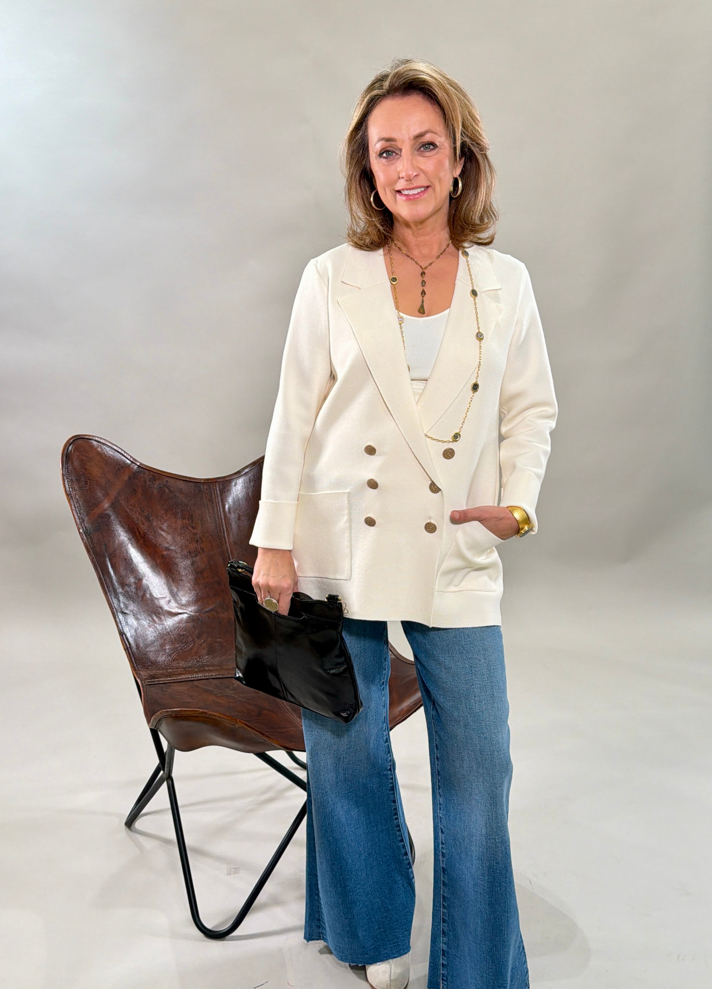 Cream Double Breasted Knit Blazer