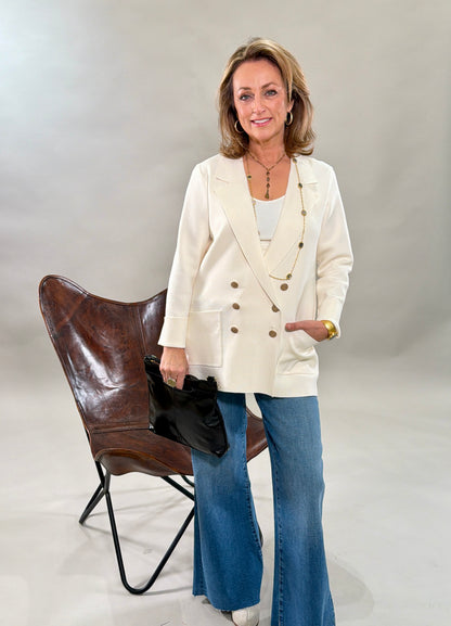 Cream Double Breasted Knit Blazer