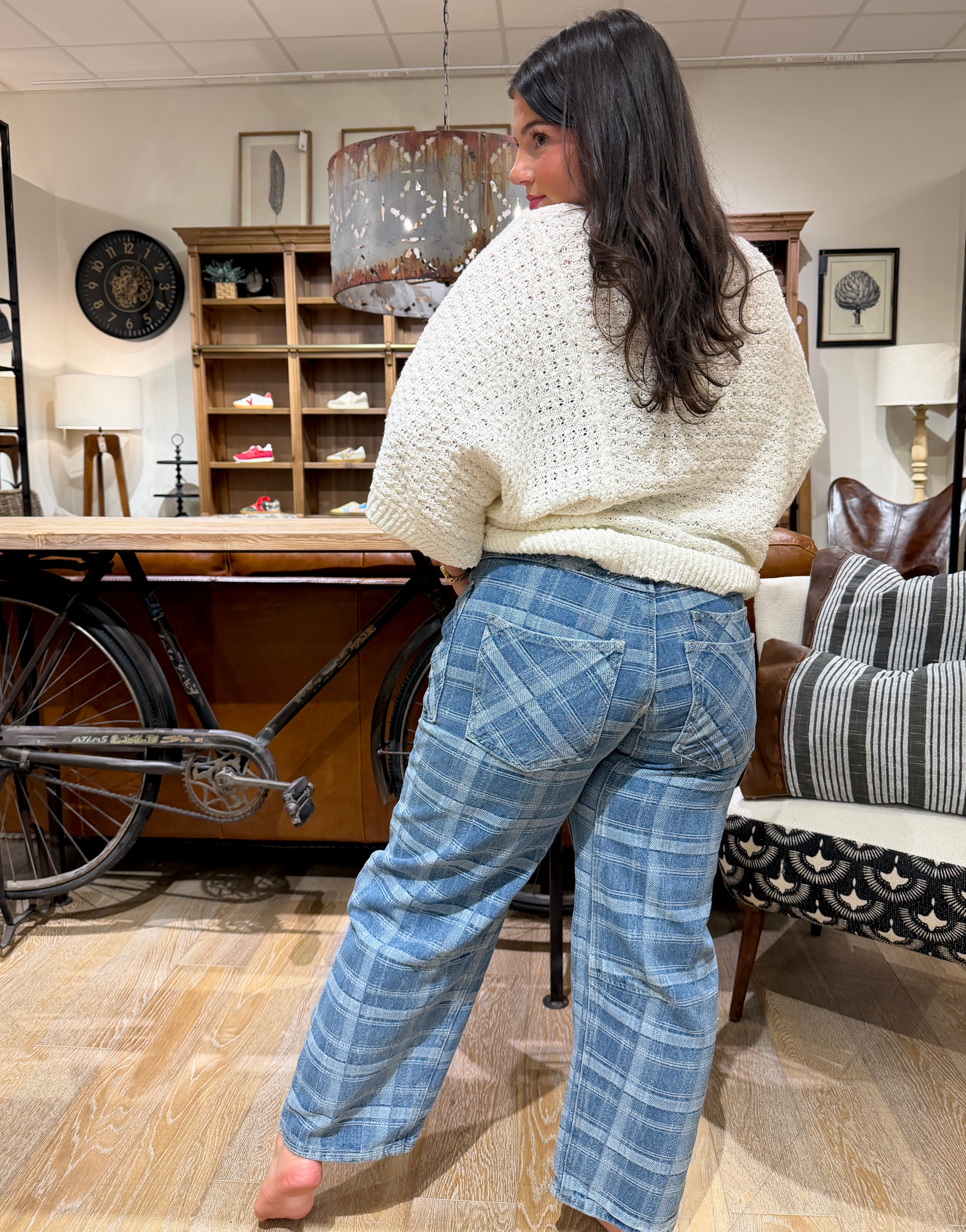 Plaid Semi Barrel Jeans with Tie Belt
