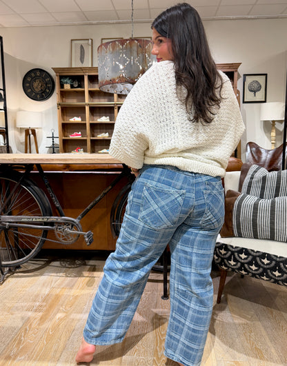 Plaid Semi Barrel Jeans with Tie Belt