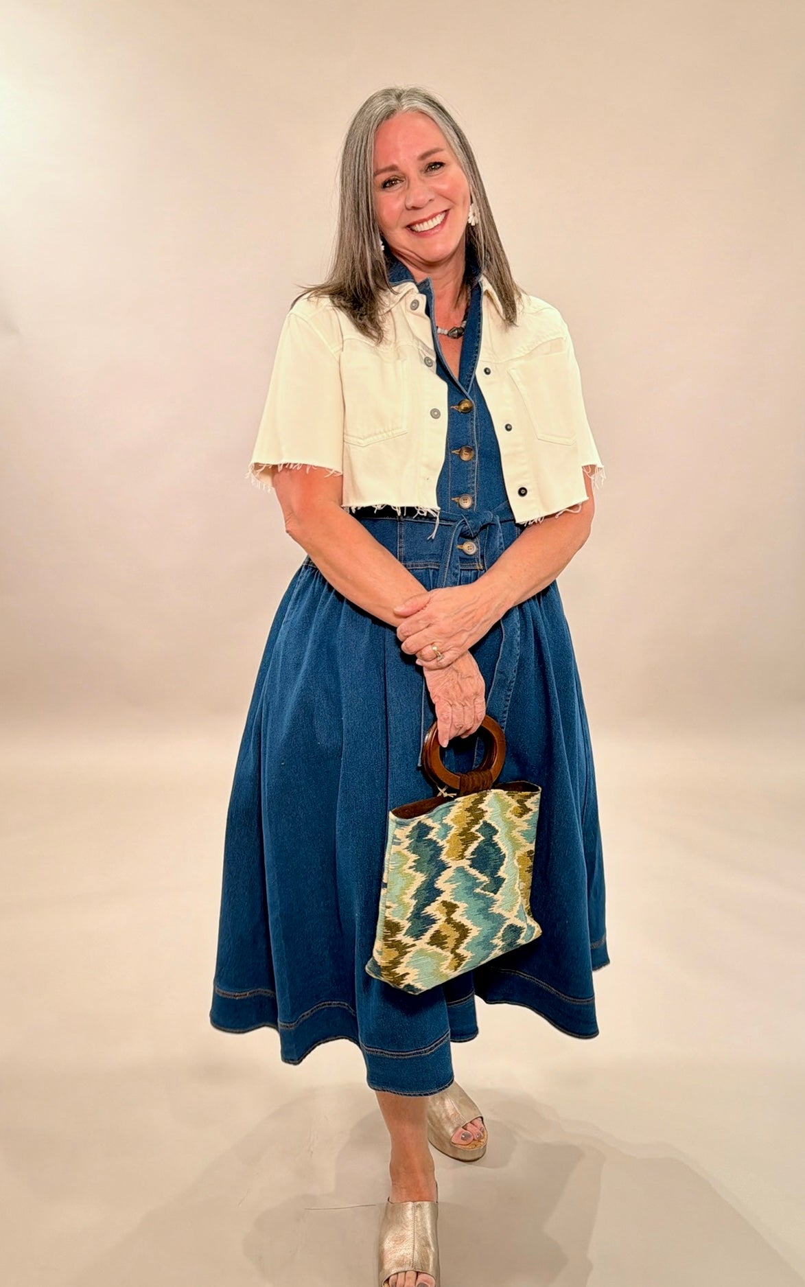 Sleeveless Belted Denim Midi Dress