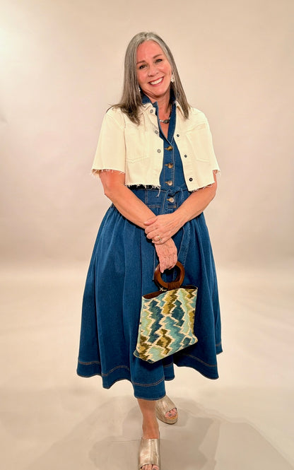 Sleeveless Belted Denim Midi Dress