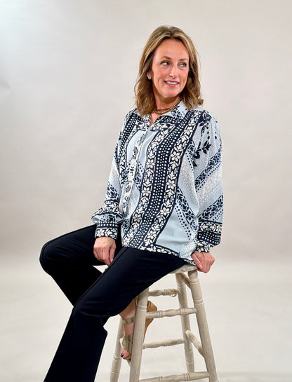 Blue Mosaic Print Button-Down Blouse