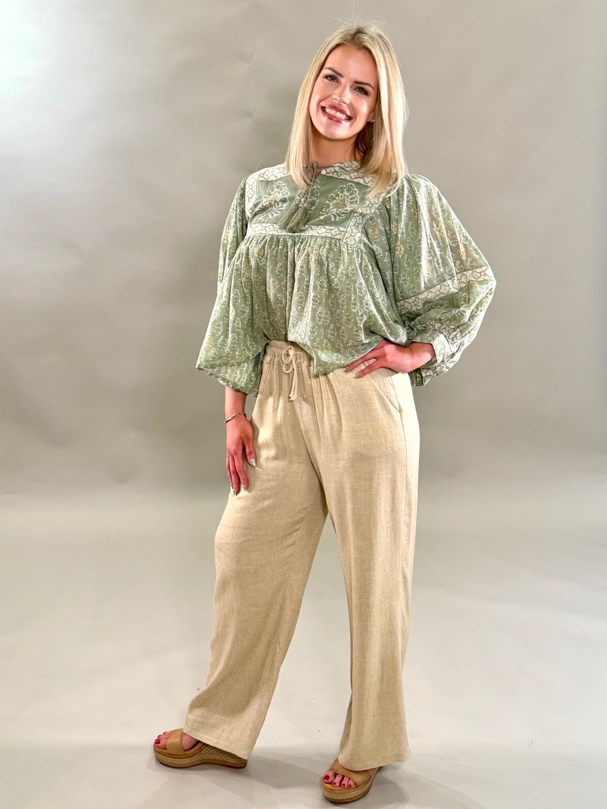 Boho Sage Floral Blockprint Blouse