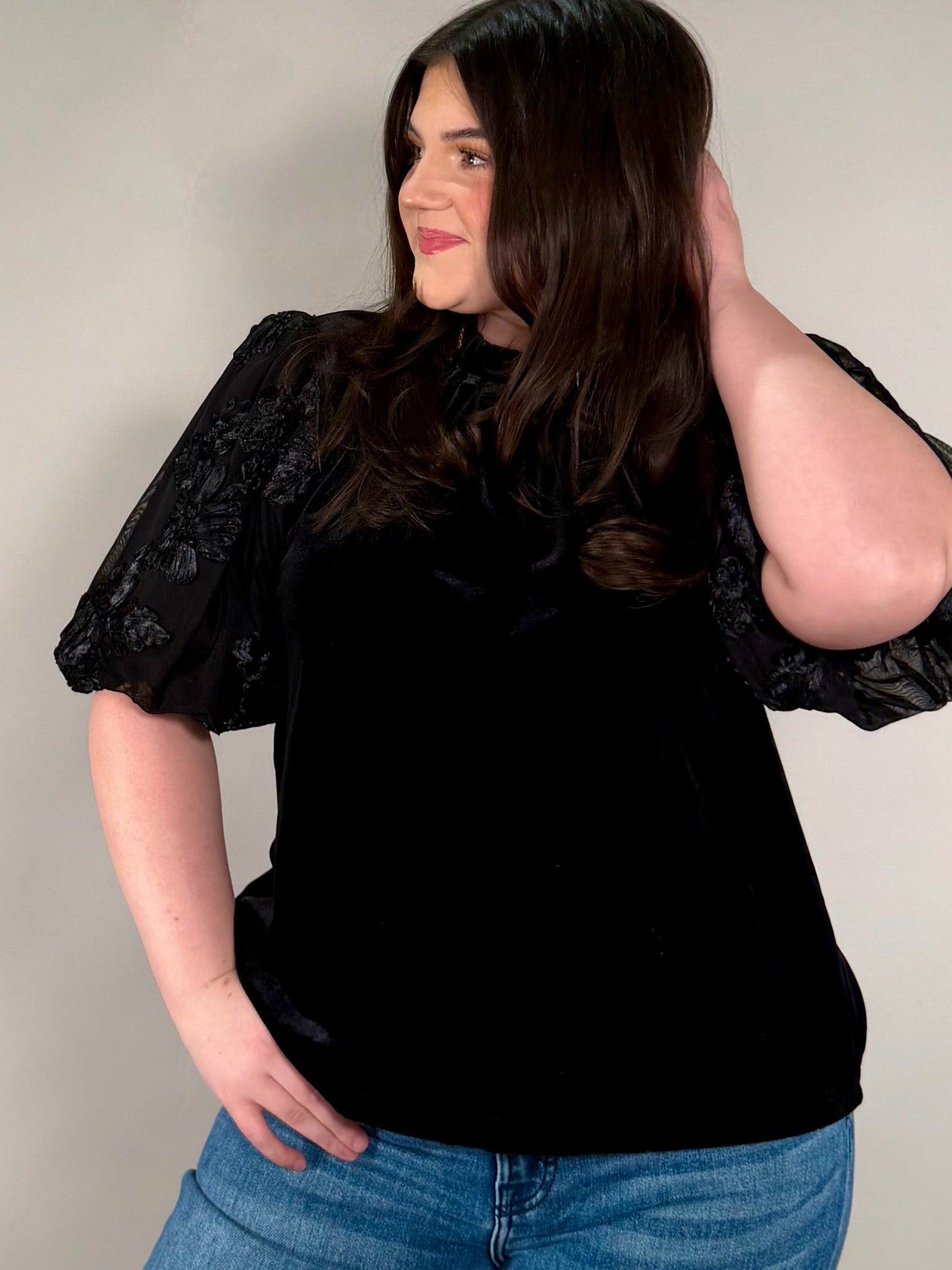 Black Velvet Blouse with Textured Puff Sleeves