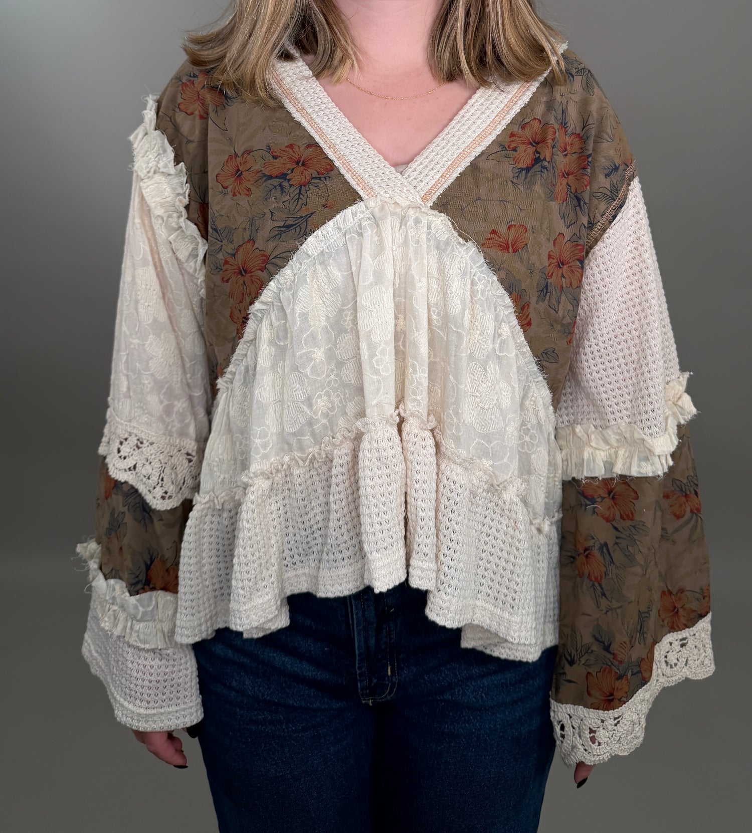 Earth-Toned Patchwork Peasant Top