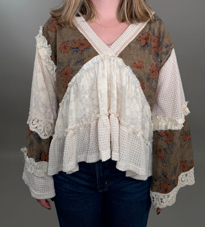 Earth-Toned Patchwork Peasant Top