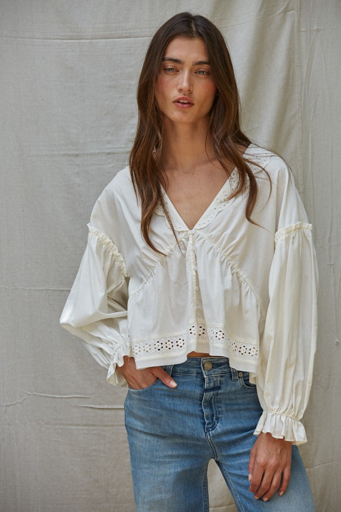 Romantic Eyelet Cotton-Blend Babydoll Top