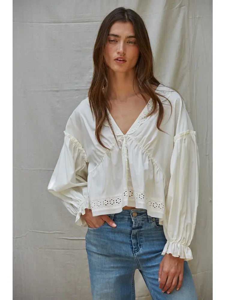 Woven Lyocell Cotton Eyelet Collar Blouse