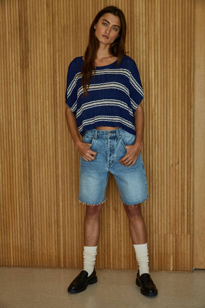 Knit Sweater Ribbed Acrylic Nylon Striped Round Neck