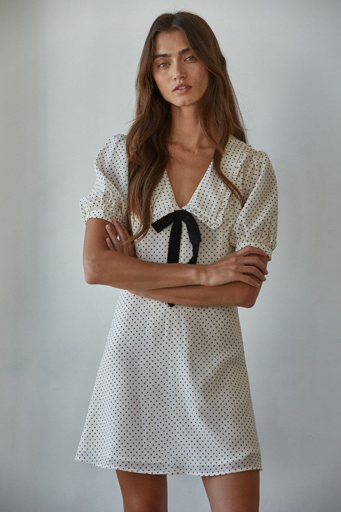 Woven Polyester Chiffon Swiss Dot Print Mini Dress