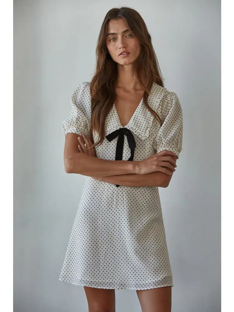 Woven Polyester Chiffon Swiss Dot Print Mini Dress