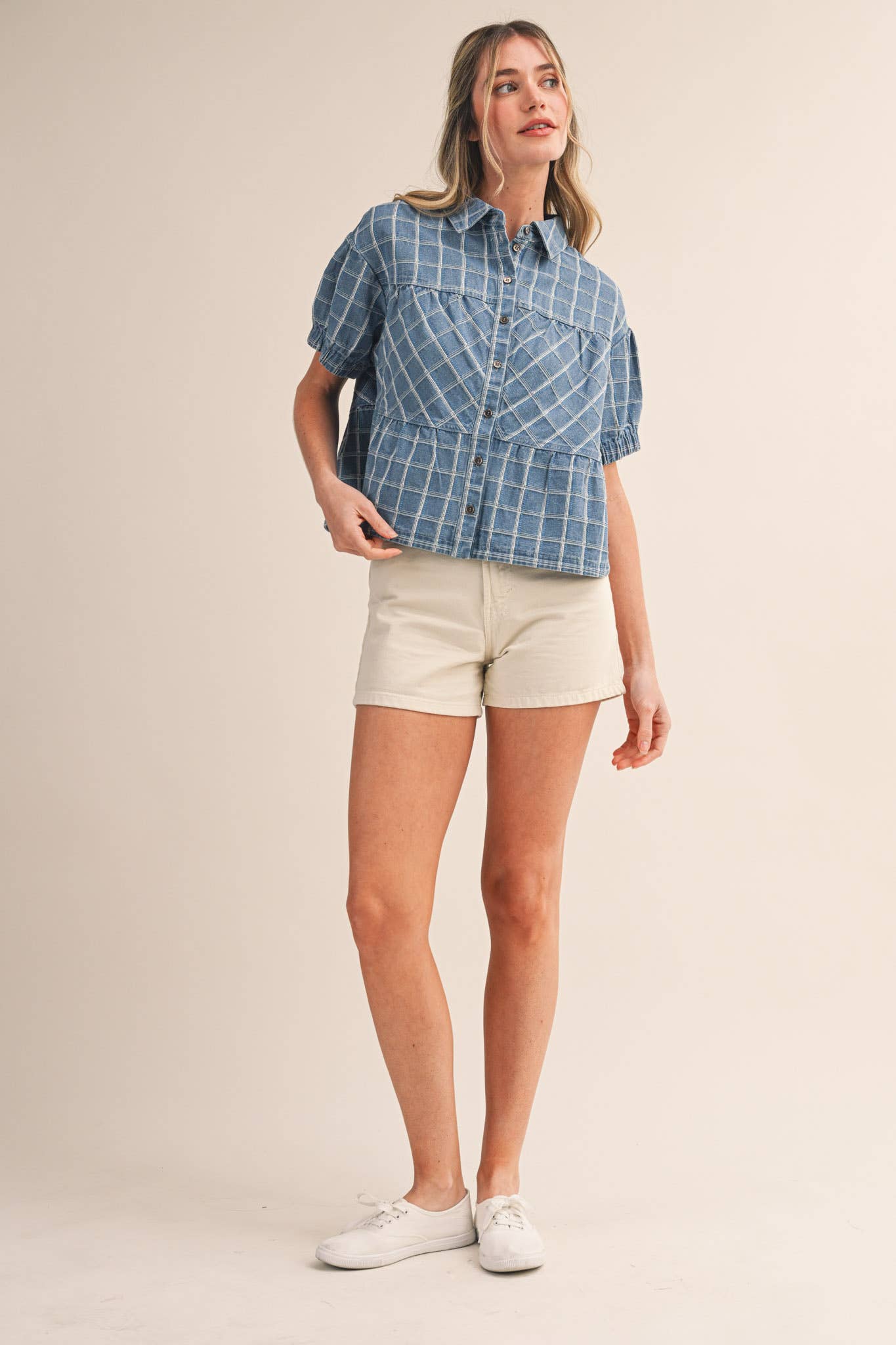 Checkered Denim Button Down Top
