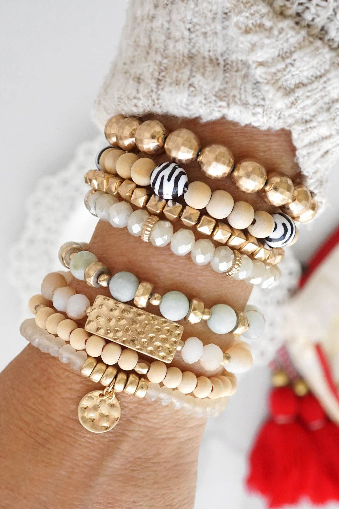 Beaded Bracelets stack of 4 with Coin Wood and Amazonite