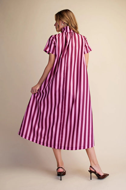 Striped Stand High-Neck Midi Dress