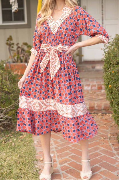 Mixed Print Waist Tie Dress