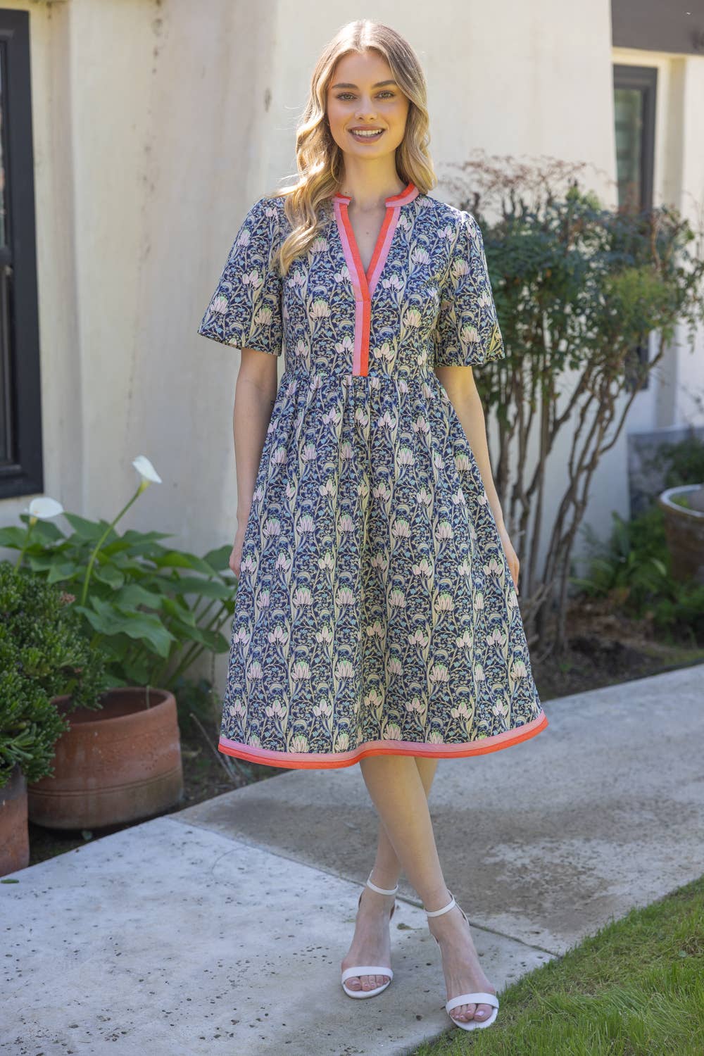 Contrast Stripe Detailed Floral Print Midi Dress