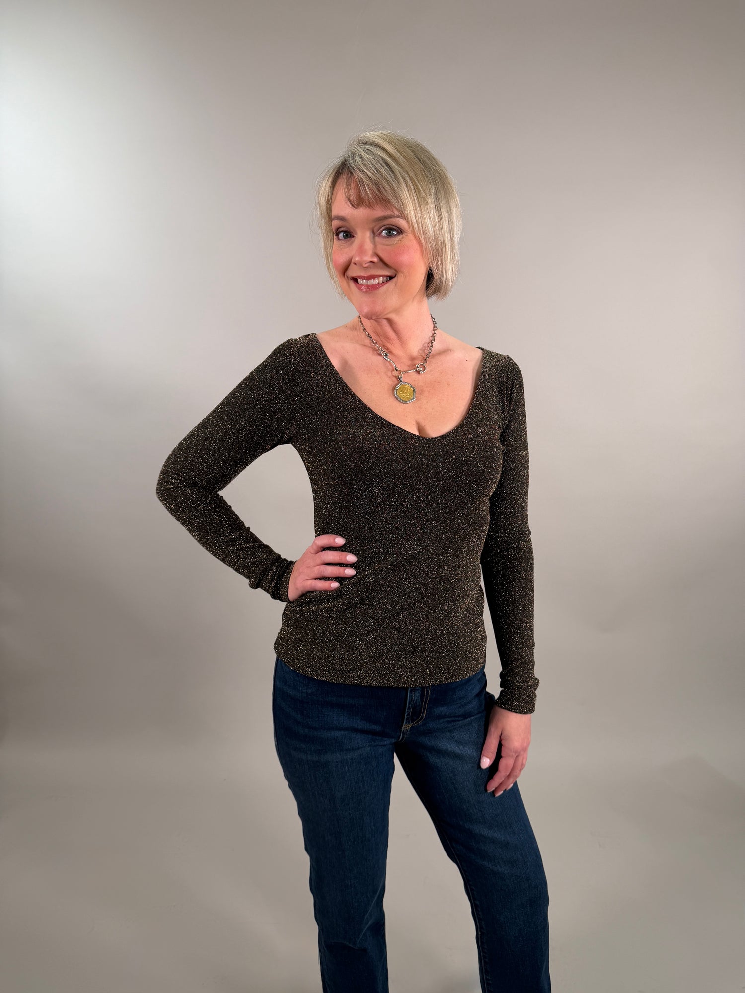 Whitney Metallic V Neck Top