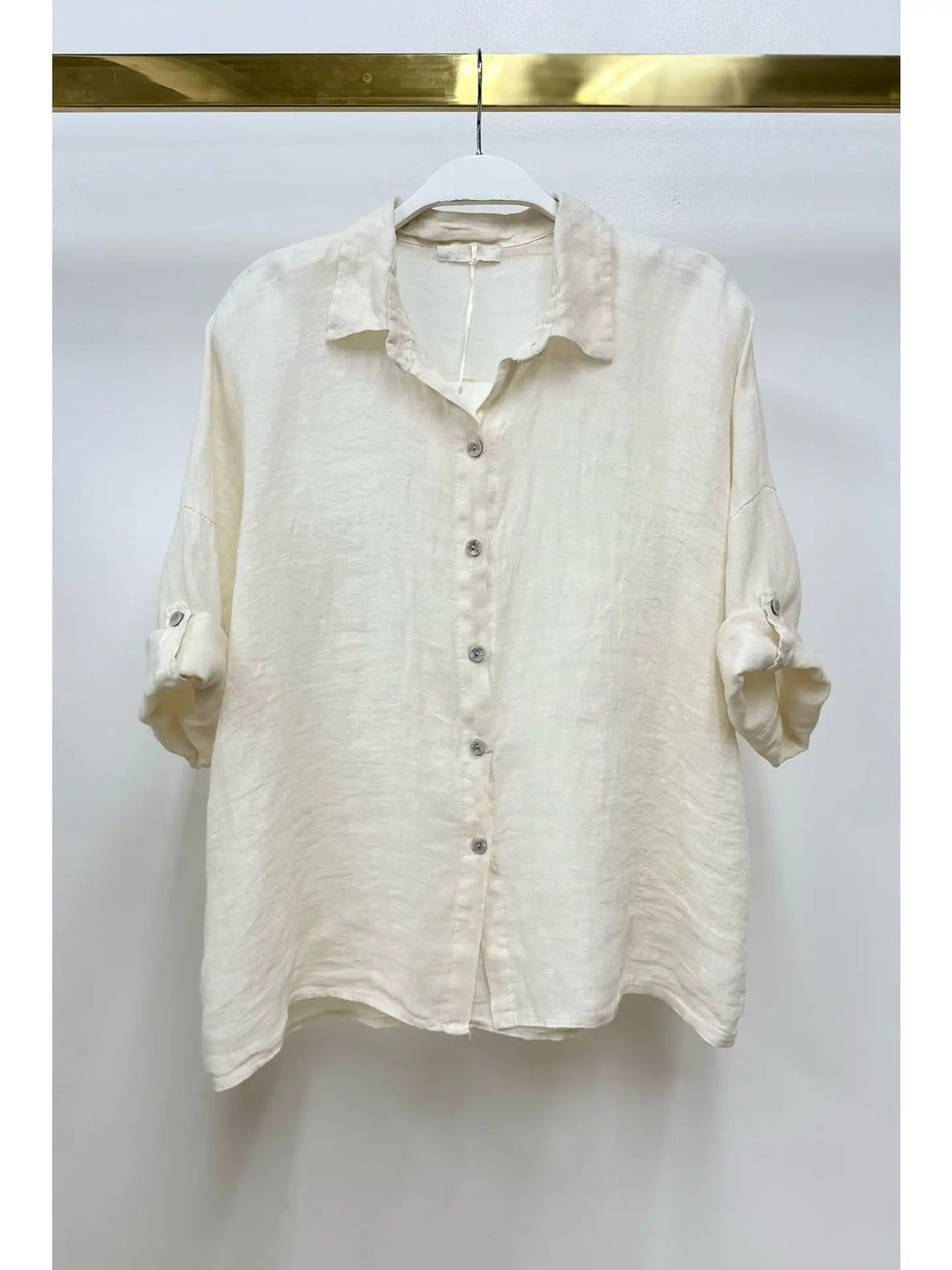 Button Down Roll Tab Sleeve Linen Top