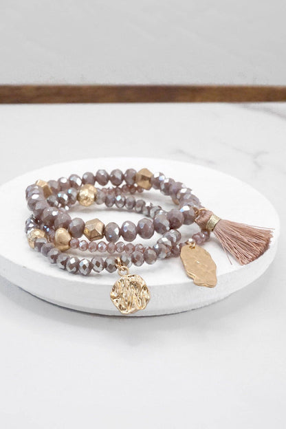 Beaded bracelet stack with tassel coin Aqua Taupe Rose Black