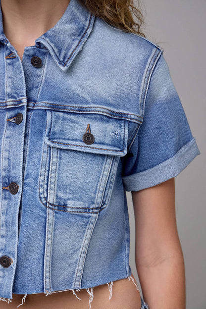 Medium Wash Cropped Stretch Trucker Jacket