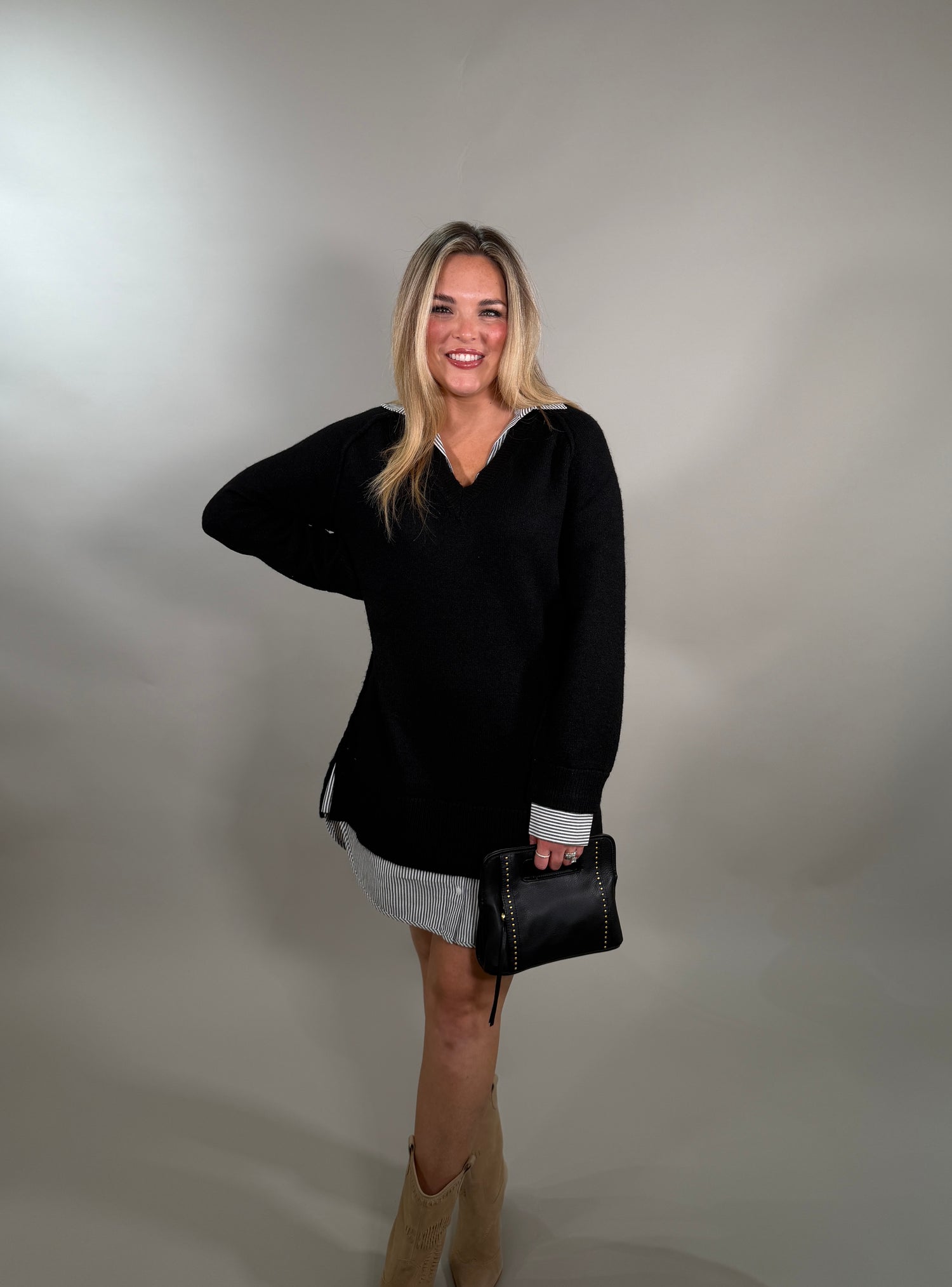 Layered V-Neck Black Sweater with Attached Shirt