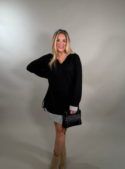 Layered V-Neck Black Sweater with Attached Shirt