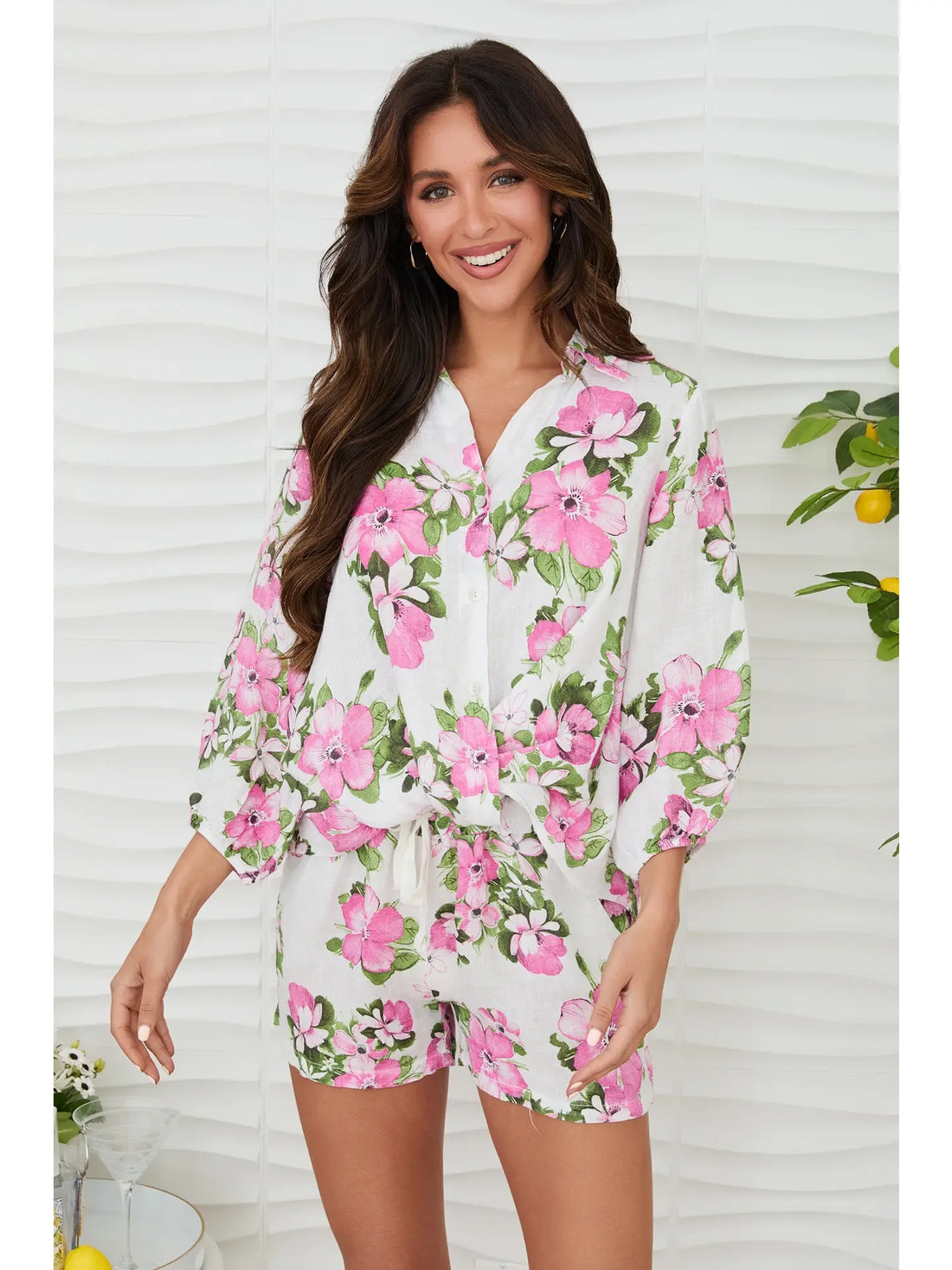 Hibiscus Rose Print Linen Long Sleeve Top