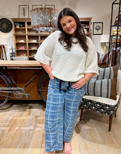 Plaid Semi Barrel Jeans with Tie Belt