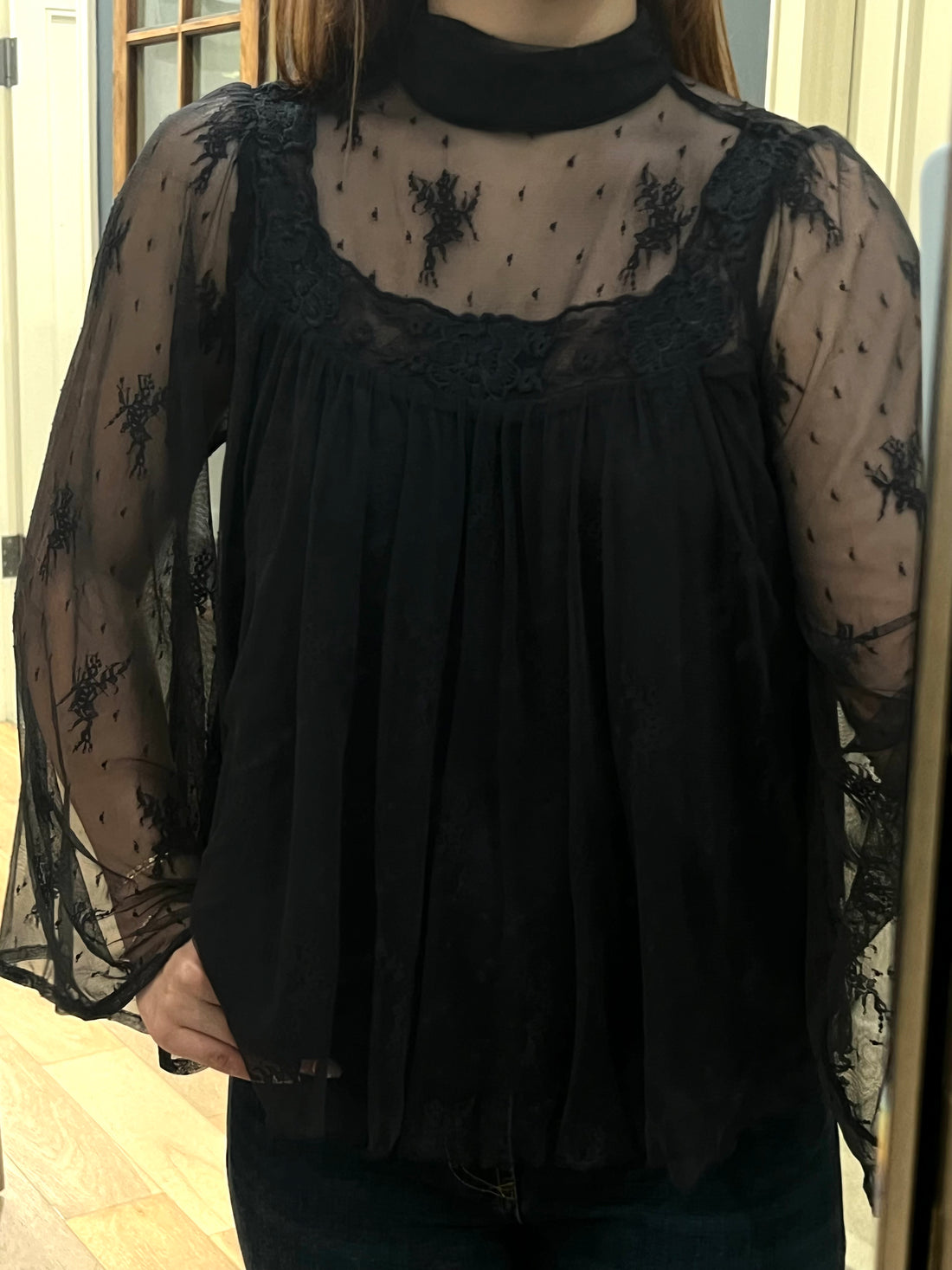 Woven Polyester Mesh Floral Print Mock Top