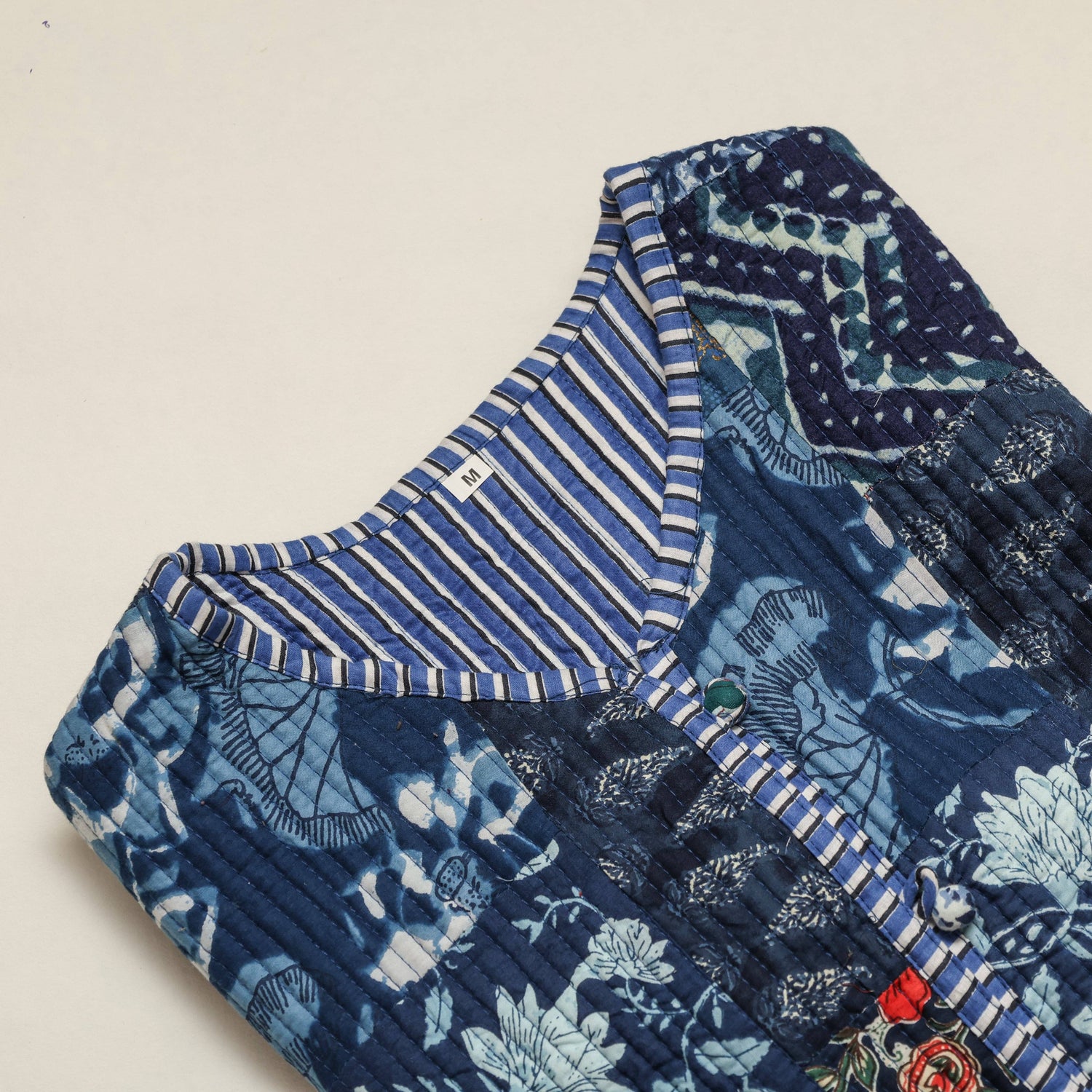 Artisan Blue Patchwork Quilted Jacket | Reversible Hand-Block Printed Layer