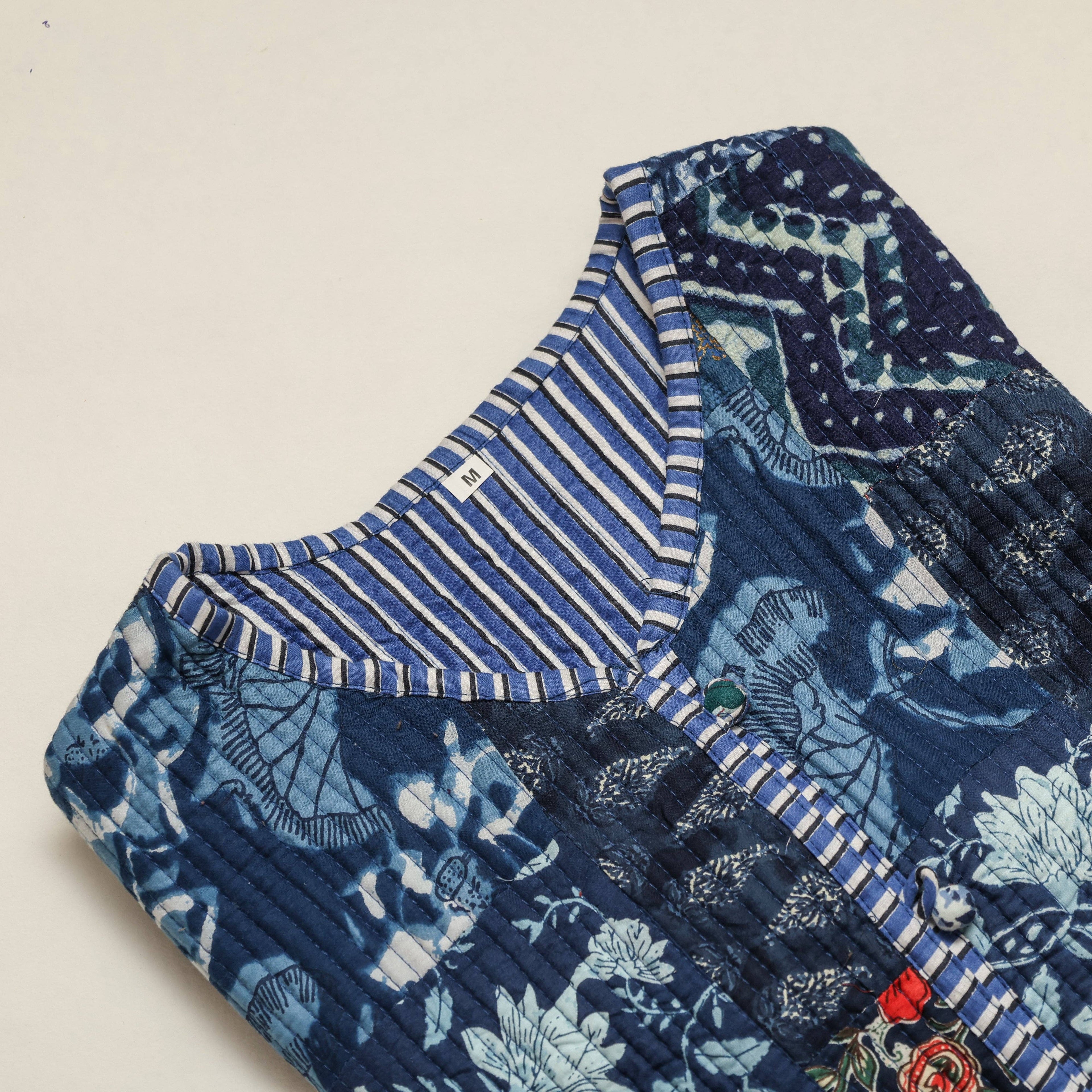 Artisan Blue Patchwork Quilted Jacket | Reversible Hand-Block Printed Layer