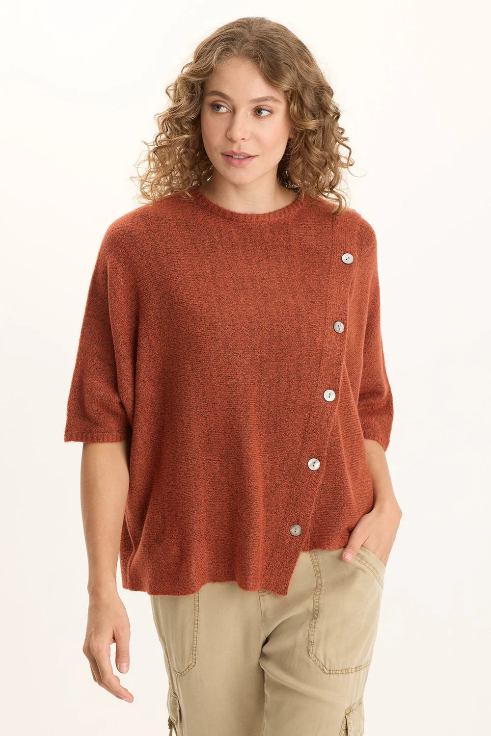 Asymmetrical Button Detail Knit Poncho Top