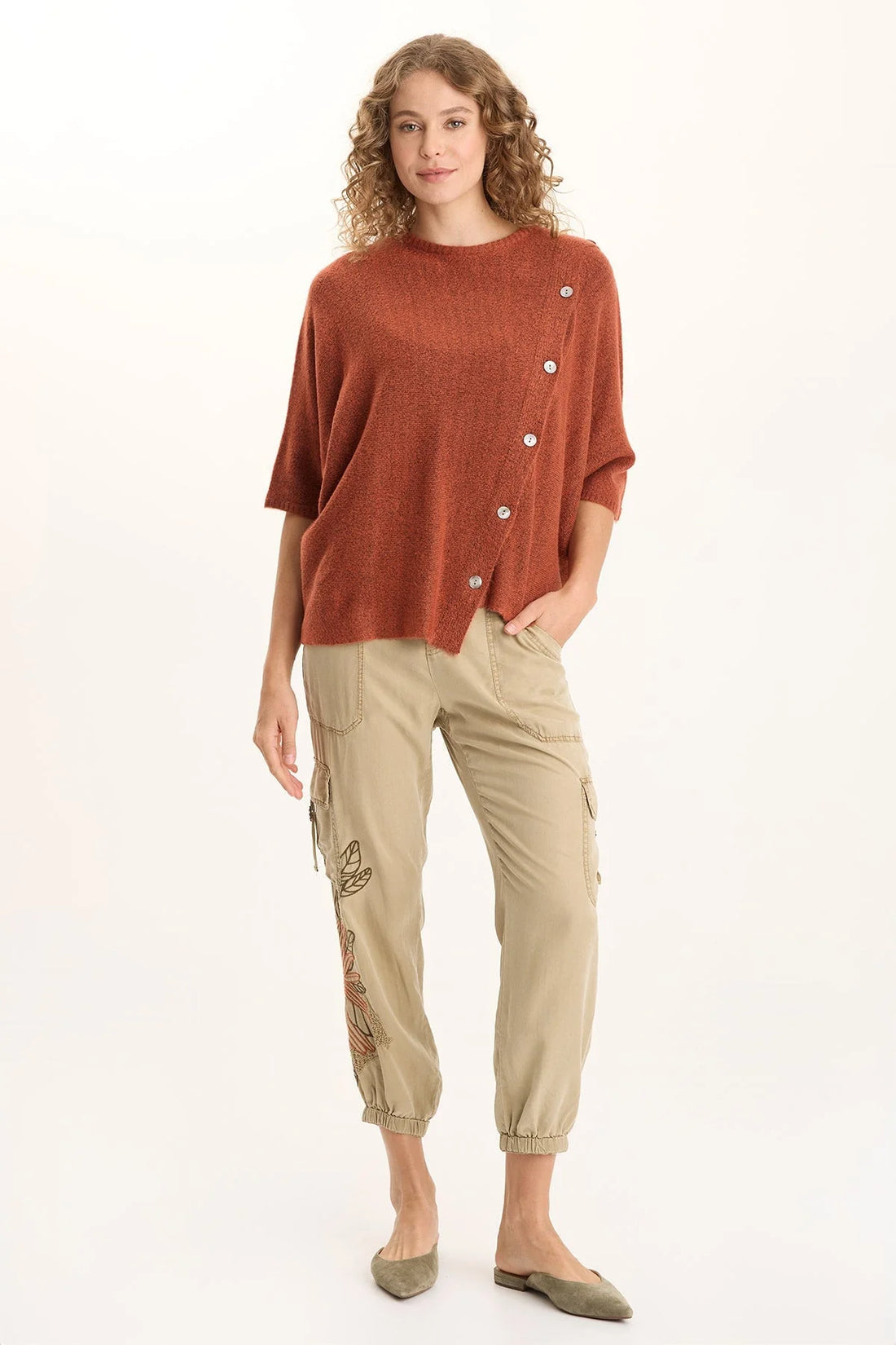 Asymmetrical Button Detail Knit Poncho Top