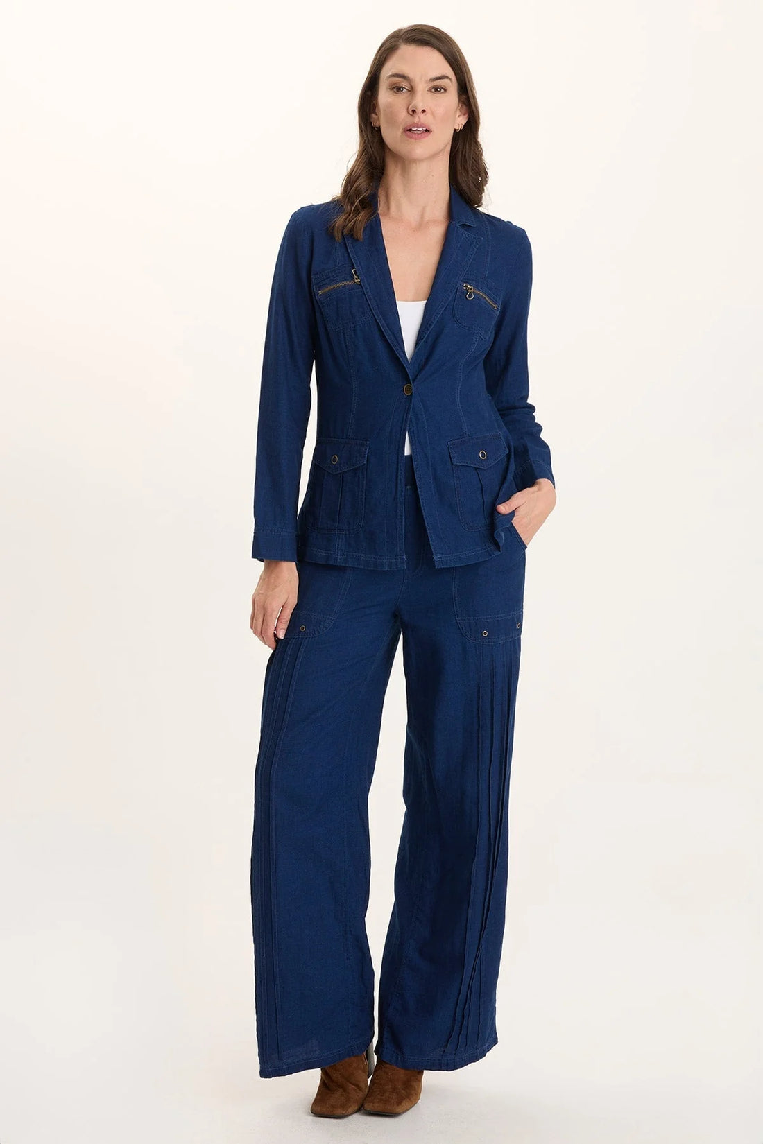 Indigo Twill Mock-Denim Wide-Leg Pull-On Pant