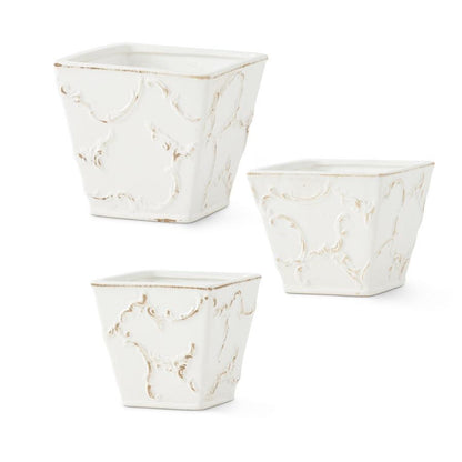 White Ceramic Scroll-Embossed Square Pots